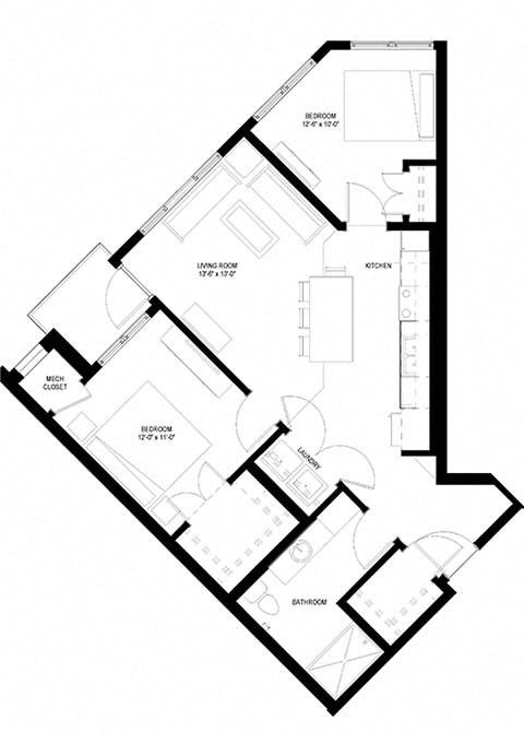 Floor plan for 2 beds, 1 bath, 913 sqft